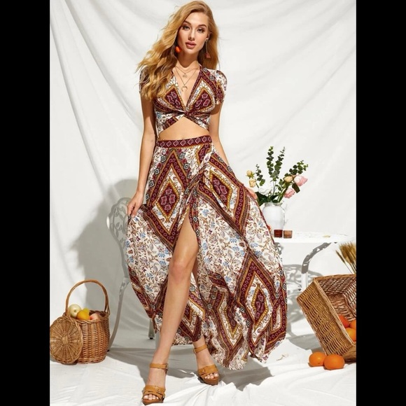 SHEIN Dresses Shein Geo Print Twisted Crop Top Maxi Skirt Set